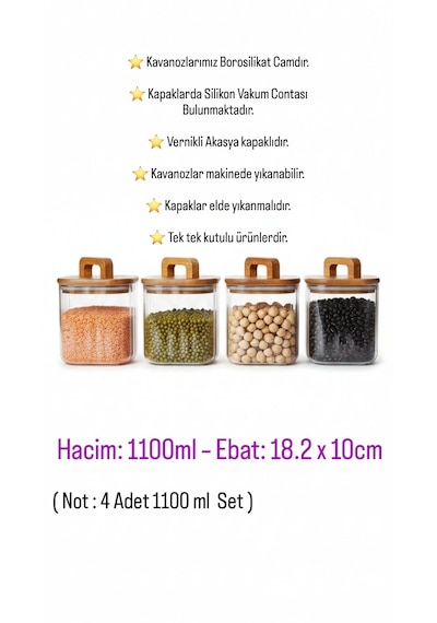 Akasya Kapaklı 4 Lü Kare Cam Saklama Kavanoz Seti Mien 4'lü Kare, 1100 Ml Akasya Kapaklı, Kulplu Kavanoz Seti Kahverengi - Şeffaf