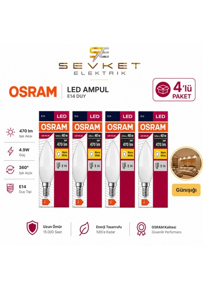 Osram 4.9w 40w 4'lü Led Mum Ampul Sarı-2700k E14 4 Adet