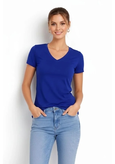 De'charme T-shirt V Yaka Slim Fit Likralı Tişört Günlük Basic Body - İndigo