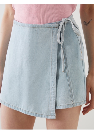 Lcw Jeans İndigo Beli Bağlamalı Mini Jean Şort Etek