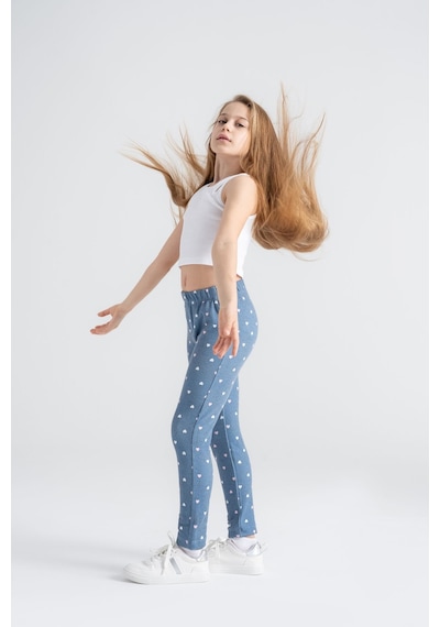 Rahat Giyilen Kız Çocuk Taytı Kalp Desenli Mavi Denim Mavi