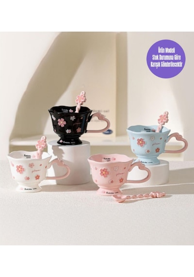 Çiçek Tasarımlı Kaşıklı Seramik Kupa Özel Kutusunda 1972 Pembe