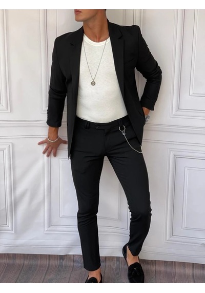 Modefendi Slimfit Kalıp Pamuk Likra Ceket Pantolon Takım Elbise Siyah