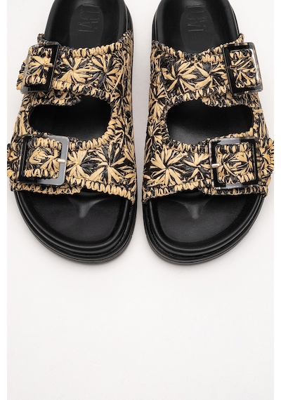 Luvishoes Luvi Shoes Mılana Siyah Desenli Hakiki Deri Tokalı Çift Bantlı Kadın Terlik Siyah