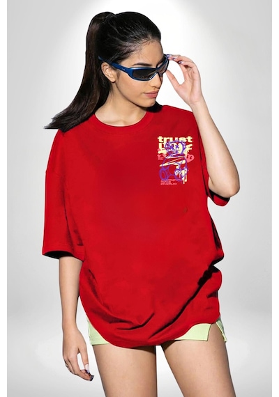 Yeni Umut Kırmızı Oversize Unisex Ön Ve Sırt Baskılı Tişört Kırmızı