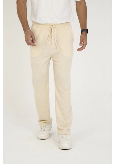 Erkek Jakar Kutu Desenli Baggy Eşofman Pantolon - Bej