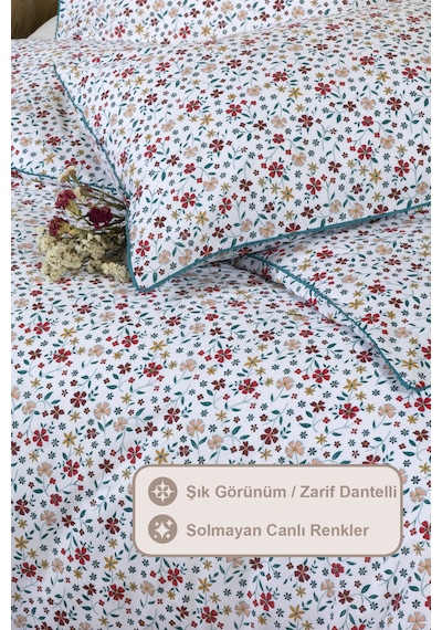 Elart Aria Nevresim Takımı Çift Kişilik Lastikli Çarşaf %100 Pamuk Ranforce Dantelli 200x220 Cm Kırmızı Kırmızı