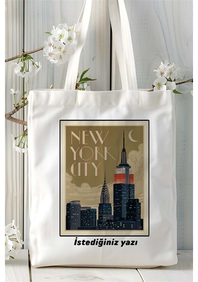 Art Hediye Newyork City Baskılı Bez Çanta Omuz Çantası Kişiye Özel Desen 2 Çok Renkli