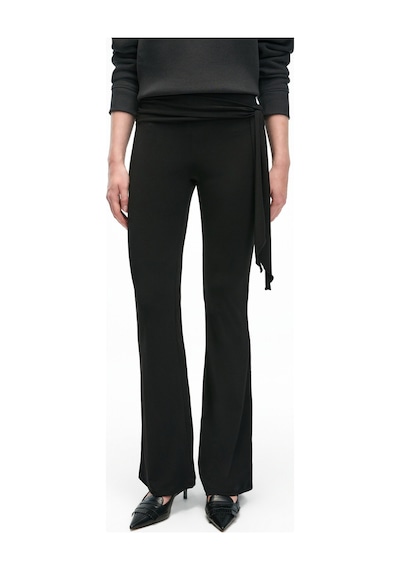 Grımelange AYSHUR Kadın Esnek Kumaşlı Kemer Detaylı Geniş Paçalı Slim Fit Siyah Pantolon