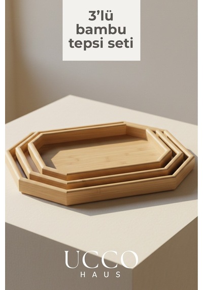 Premium 3'lü Bambu Tepsi Seti - Sunumluk Kahvaltılık Çay Saati Servis Tepsisi - 40-34-29cm