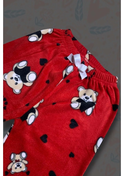 Kız Çocuk Göz Bantlı Peluş Polar Pijama Takımı Koyu Kırmızı
