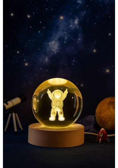 Ledli Usb'li Ahşap Standlı Astronot Küre Temalı Kristal Küre Gün Işığı 3d Oda Masa Ve Gece Lambası Renkli
