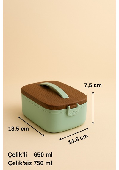 Lunchee - Çelik Bölmeli Sızdırmaz Ahşap Görünümlü Vakum Kapaklı Yemek Kabı Lunchbox 650 Ml Yeşil