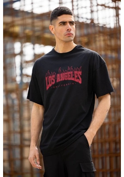 Erkek Kısa Kol Tişört Bisiklet Yaka Los Angeles Baskılı T-shirt - Siyah
