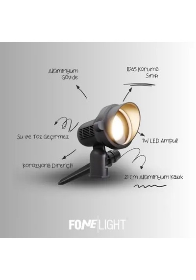 FoneLight Alutera 33 cm LED Kazıklı Çim Armatürü Siyah Alüminyum IP65 Bahçe Spot Ağaç Çit Peyzaj Aydınlatması 7W