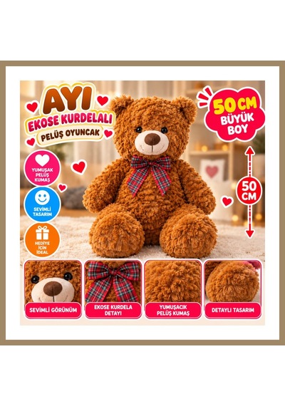 Bezos Pl50243 50 Cm Ayı Ekose Kurdelalı Peluş Oyuncak 22 Çok Renkli