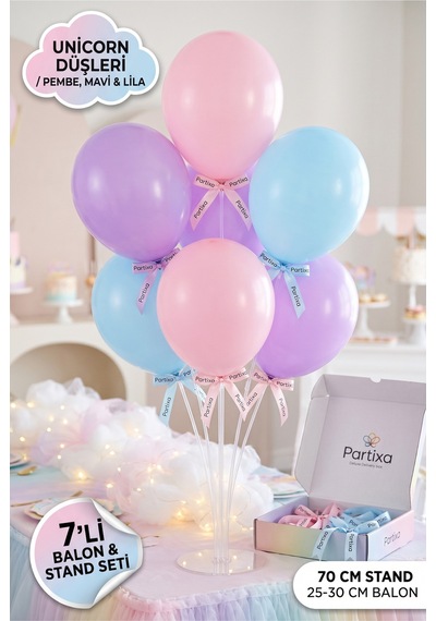 Unicorn Konsepti Pastel Gökkuşağı Balon Standı Seti 70 Cm Masa Standı 7 Adet Lateks Balon Pembe Mavi Lila Çok Renkli