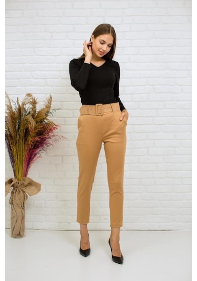 Bluence Beli Kemerli Dar Paça Somon Pantolon Somon