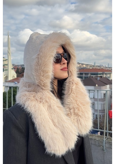 Mollycrush Peluş Boyun Bağlamalı Şapka Bere Suni Kürklü Bej Özel Tasarım Atkılı Kadın Şapkası Bej