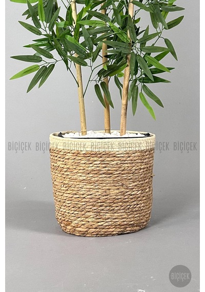 Yapay Bambu Ağacı 140cm Krem Seritli Hasır Saksıda