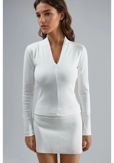 Hiccup Busem Slim Fit V Yaka Uzun Kollu Bluz Beyaz