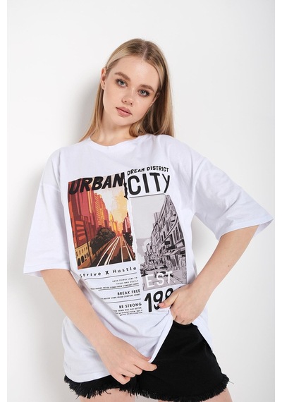 Flood Of Style Kadın Beyaz Urban Baskılı T-shirt