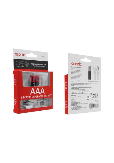 Asonıc Pl400 Aaa Şarjlı Pil 1.5volt 400mah/750mwh Type-c İle Kolay Şarj 2 Li Paket Usb To Type-c K