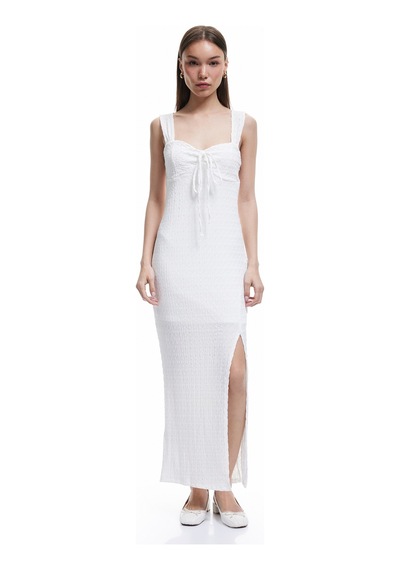 Koton Kalp Yaka Kolsuz Bodycon Yırtmaç Detaylı Uzun Elbise Ekru 5sal80004ık Ekru