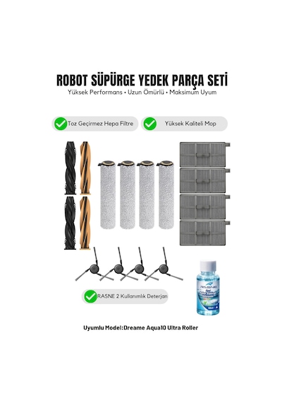 Dreame Aqua10 Ultra Roller İle Uyumlu 2 Ana Fırça 4 Yan Fırça 4 Filtre 4 Mop 1 Deterjan 4.0