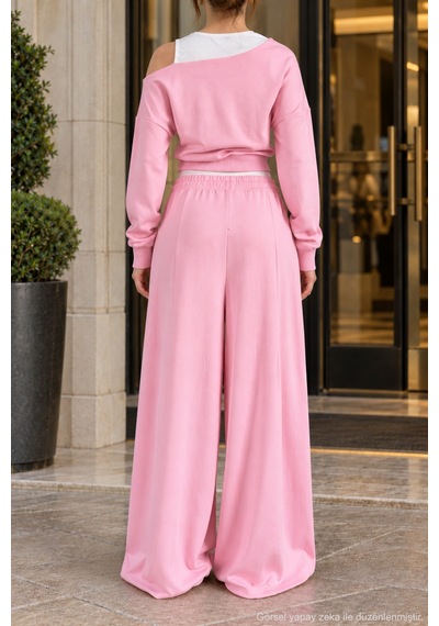 Polo State Kadın Brooklyn 83 Baskılı Düşük Omuz Crop Sweatshirt Ve Bol Paça Pantolon Pembe