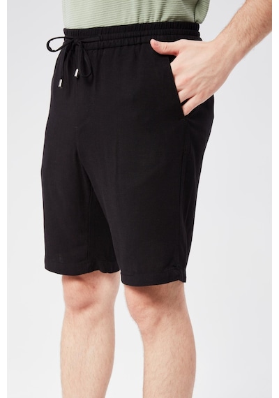Braccas Erkek Beli Lastikli Bağcıklı Keten Karışımlı Slim Fit Jogger Şort Siyah Siyah