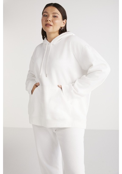 ETHIQUET TEREZABB Kadın Içi Polarlı Yumuşacık Comfort Fit Kapüşonlu Kanguru Cep Beyaz Büyük Beden Sweatshirt