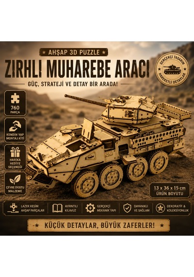 Zırhlı Muharebe Aracı Ahşap Maket Seti Dıy 3d Puzzle M1296 Tank Koleksiyoner Modeli 760 Parça