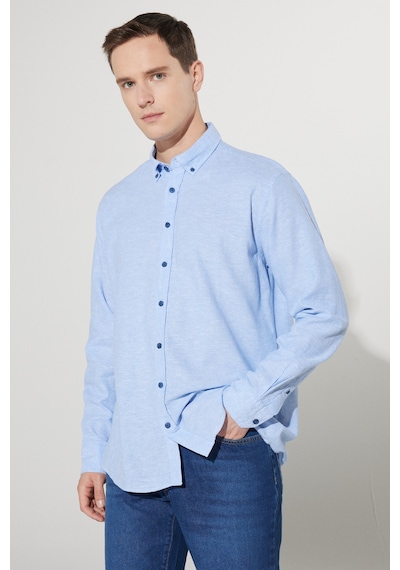 AC&Co / Altınyıldız Classics Erkek Comfort Fit Rahat Kesim Düğmeli Yaka Keten Gömlek Mavi