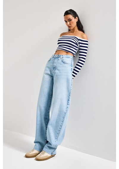 Itsbasic Kadın Ice Renk 4s6-27 Regular Fit Yüksek Bel %100 Koton Rahat Kesim Denim Jean Buz Mavi