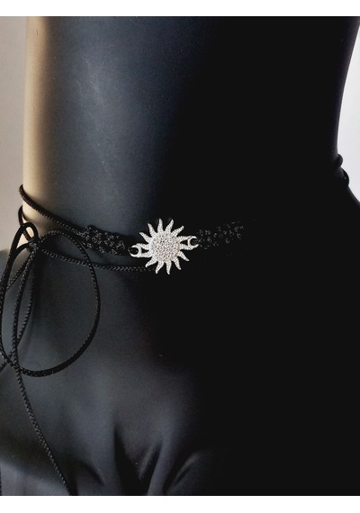 Gümüş Güneş Şans Çarkı Siyah İp Tasarım Kadın Choker Kolye Gümüş Güneş Şans Çarkı Siyah İp Tasarım Kadın Choker Kolye
