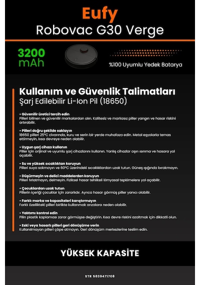 Eufy Robovac G30 Verge 3200mah Robot Süpürge Bataryası