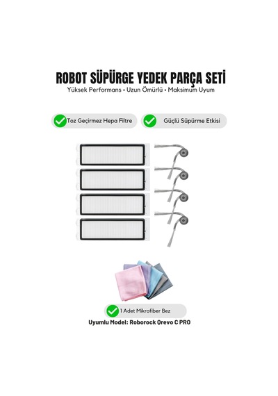 Roborock Qrevo C Pro İle Uyumlu 4 Yan Fırça 4 Filtre 1 Temizlik Bezi 10.0