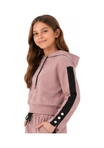 İrem Çocuk Giyim Kız Çocuk Kolu Şerit Detaylı Çıtçıt Modelli Kapüşonlu Pudra Renk Kısa Sweatshirt Pudra