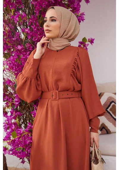 Neways 6583-Krep Elbise Taba