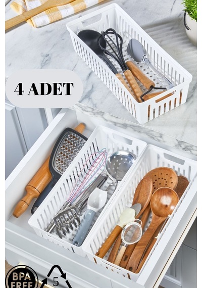 4'lü Beyaz Set Modüler Kaşıklık Ve Kepçelik Çekmece Içi Düzenleyici Mutfak Organizer Beyaz