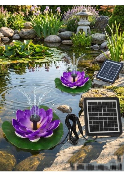 Güneş Enerjili Mor Lotus Çiçekli Solar Fıskiye - Dekoratif Bahçe Süs Havuzu - Havuz Süsü