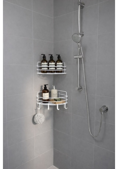 Sas Haus   Tek Katlı Köşe Duş Rafı Kancalı Banyo Şampuanlık & Organizer 2 Adet Beyaz Tk-01 beyaz
