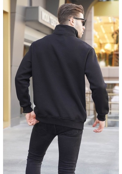 Madmext Siyah Fermuar Yaka Nakışlı Sweatshirt 6028 Siyah