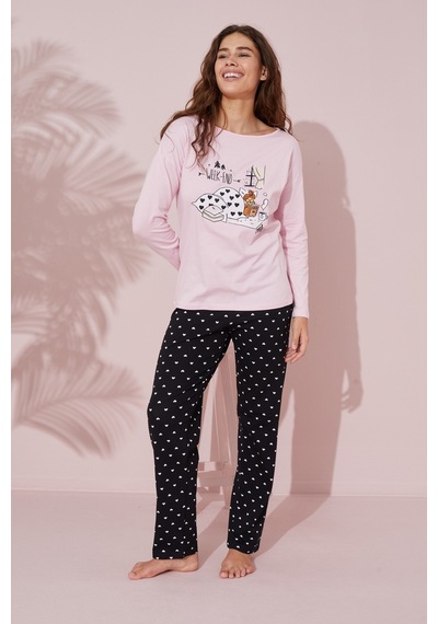 Siyah İnci Pamuklu Örme Pijama Takım 24241101 Pembe