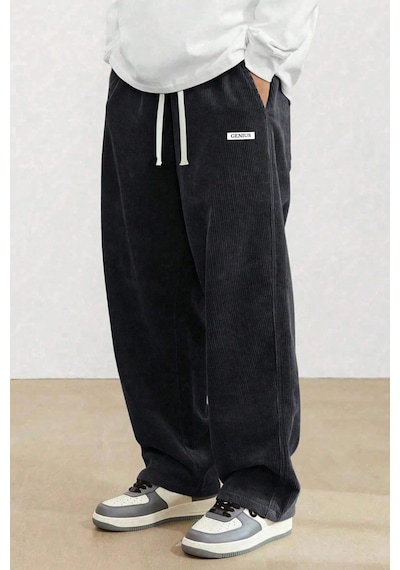 Genius Store Genıus Erkek Pantolon Fitilli Kadife Bol Paça Oversize Pantolon Siyah