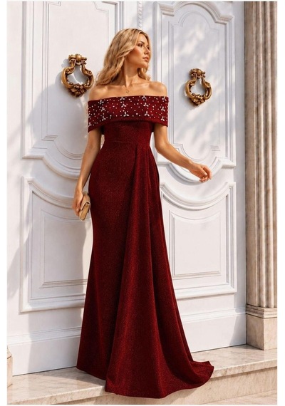 DefyModa Kadın Trend Degaje Yaka Dekolteli Maxi Uzun Kollu Abiye Elbise Kırmızı