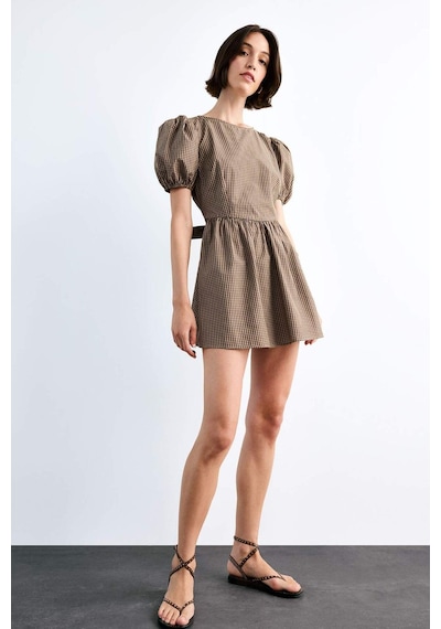 Defacto Fitted Kareli Poplin Kısa Kollu Mini Elbise F9944ax25smbn306 Kahve
