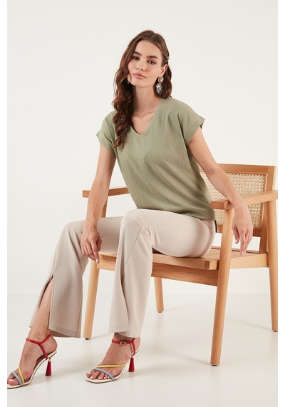 Lela Rahat Kesim Esnek V Yaka Bayan Bluz 5865039 Olive