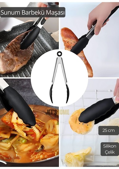 Sunum Maşası Barbekü Maşası Mangal Maşa Silikon Salata Maşası Siyah 25 Cm